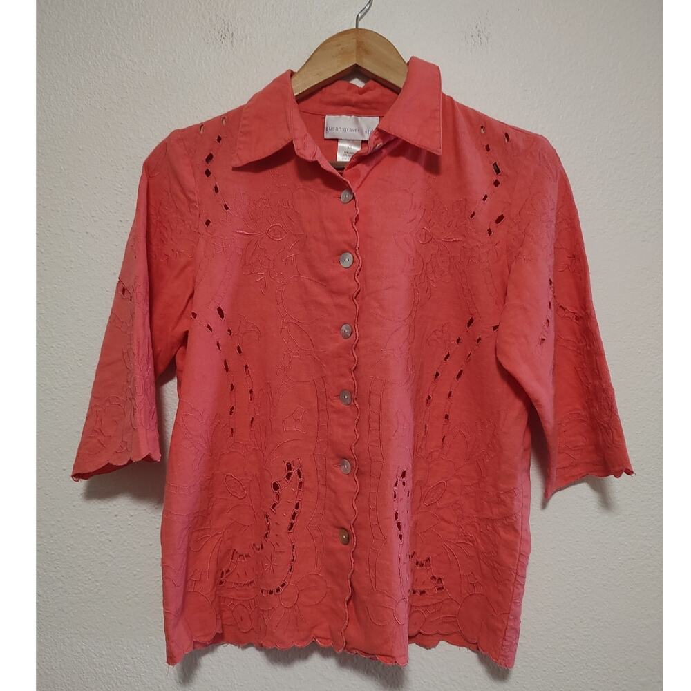 Susan Graver Fushia Pink Embroidered Floral Cut Out Design Half Sleeve Top XS